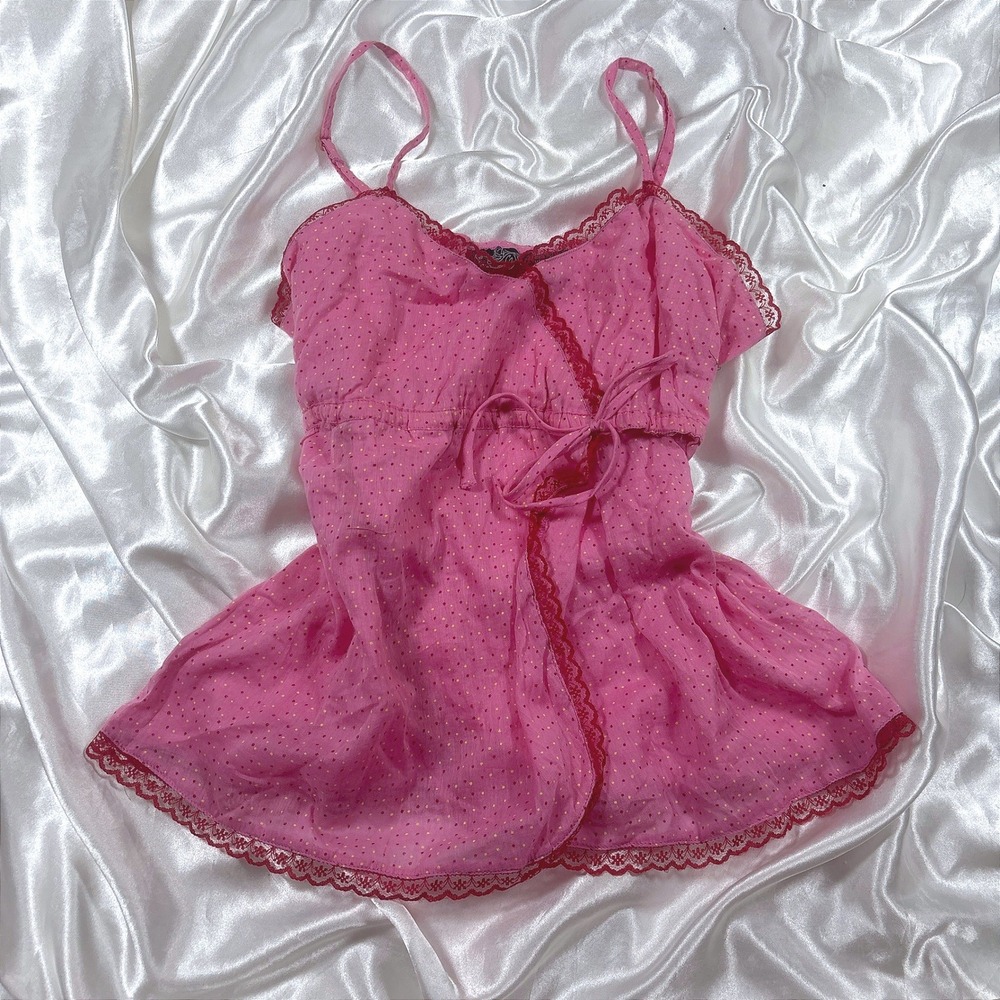 y2k Babydoll Top Pink Excellent Angie Polka Dot Lace Trim Wrap Camisole